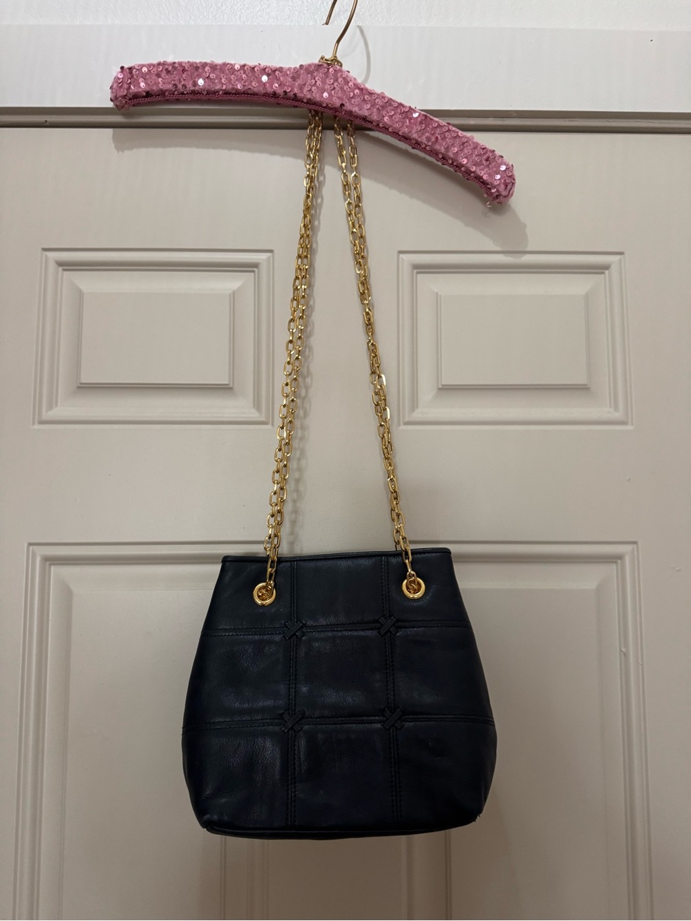 Lord & Taylor navy Leather Shoulder Bag with Gold Chain Straps